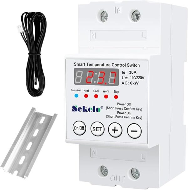 High-Power Temperature Control Switch, Rail-Mounted Digital Thermostat with Real-Time LCD Display for Heating & Cooling, 63A 110/220V, -40°C to 140°C, Ideal for Greenhouses, Aquaculture,Boilers