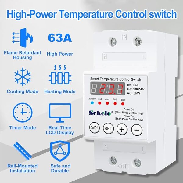 High-Power Temperature Control Switch, Rail-Mounted Digital Thermostat with Real-Time LCD Display for Heating & Cooling, 63A 110/220V, -40°C to 140°C, Ideal for Greenhouses, Aquaculture,Boilers - Image 2