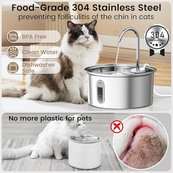 Cat Water Fountain Stainless Steel: 108oz/3.2L Cat Fountain for Drinking, Pet Fountain Water Bowl Dog Drinking Dispenser Cat Feeding & Watering Supplies, Super Quiet Kitty Spout for Cats Dogs - Image 3