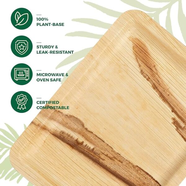 Disposable Rectangle Palm Leaf Plates | Eco-friendly, Natural, Compostable Dinnerware| (50, Shallow) - Image 3